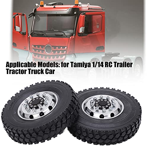 Neumáticos de ruedas 1/14 RC, 2 piezas de cubo de rueda delantera de metal con neumáticos de goma compatibles con Tamiya 1/14 RC Trailer Tractor Truck Car(Silver)