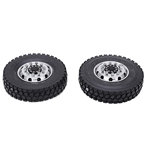 Neumáticos de ruedas 1/14 RC, 2 piezas de cubo de rueda delantera de metal con neumáticos de goma compatibles con Tamiya 1/14 RC Trailer Tractor Truck Car(Silver)