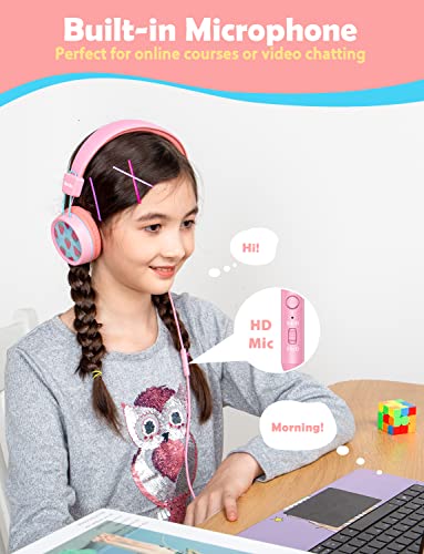 New Bee Auriculares para Niños con Micrófono Volumen de Seguridad Limitado 85 / 95dB Auriculares Plegable para Viajes, Escuela, Computadora, Teléfono, Tableta (Rosa)