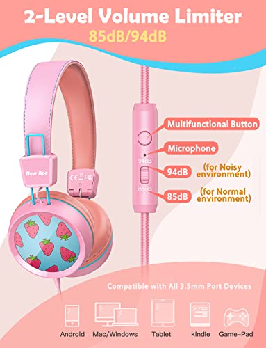 New Bee Auriculares para Niños con Micrófono Volumen de Seguridad Limitado 85 / 95dB Auriculares Plegable para Viajes, Escuela, Computadora, Teléfono, Tableta (Rosa)