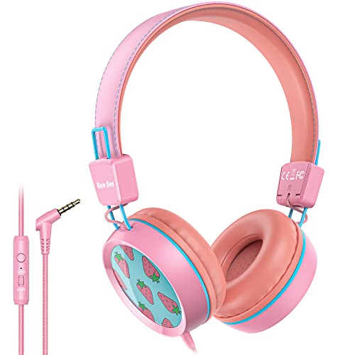 New Bee Auriculares para Niños con Micrófono Volumen de Seguridad Limitado 85 / 95dB Auriculares Plegable para Viajes, Escuela, Computadora, Teléfono, Tableta (Rosa)