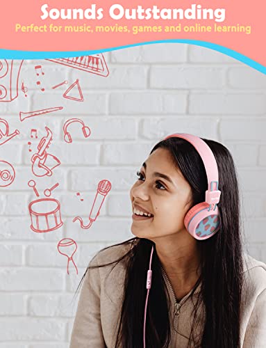 New Bee Auriculares para Niños con Micrófono Volumen de Seguridad Limitado 85 / 95dB Auriculares Plegable para Viajes, Escuela, Computadora, Teléfono, Tableta (Rosa)