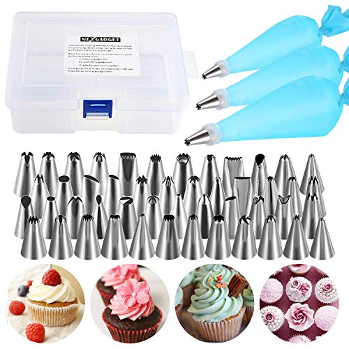 NEXGADGET 55PCS Boquillas para Manga Pastelera Incluyendo Boquillas de Acero Inoxidable, Bolsas de Pastelería, Acopladores, Pasteles para Hornear Juego de Decoración para Cupcakes