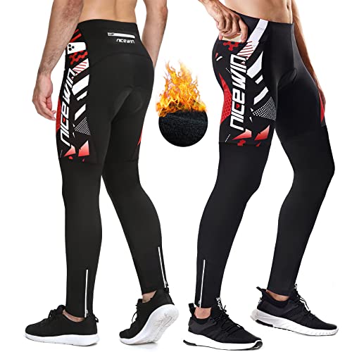 NICEWIN Pantalones de Ciclismo para Hombre con Relleno 3D para Bicicleta de Carretera, Mallas largas con Bolsillos para Montar al Aire Libre, Polar Rojo M