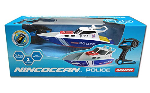 Ninco-NH99032 NincOcean Barco de Policía teledirigido, A partir de 6 años, color azul y blanco, (Fábrica de Juguetes NH99032)