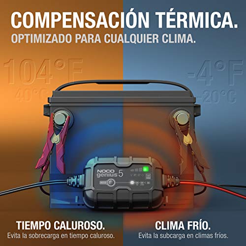 NOCO GENIUS5EU, 5A cargador de batería automático inteligente portátil de 6V y 12V, mantenedor de batería y desulfador para moto, scooter, auto, camión y caravana