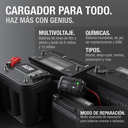 NOCO GENIUS5EU, 5A cargador de batería automático inteligente portátil de 6V y 12V, mantenedor de batería y desulfador para moto, scooter, auto, camión y caravana