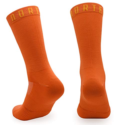 NORTEI Calcetines Naranjas para Ciclismo, MTB y Running de Caña Alta para Hombre y Mujer – Infinity Orange (S (37-39))