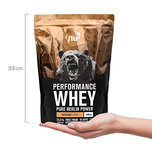 nu3 Performance Protein Whey - 1kg de proteína de suero en polvo sabor avellana - 74.5% contenido proteico (isolate) + aminoácidos BCAA - Batido para ganar masa muscular - Altamente soluble