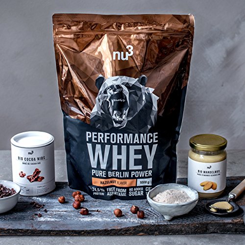 nu3 Performance Protein Whey - 1kg de proteína de suero en polvo sabor avellana - 74.5% contenido proteico (isolate) + aminoácidos BCAA - Batido para ganar masa muscular - Altamente soluble