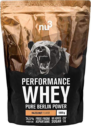 nu3 Performance Protein Whey - 1kg de proteína de suero en polvo sabor avellana - 74.5% contenido proteico (isolate) + aminoácidos BCAA - Batido para ganar masa muscular - Altamente soluble