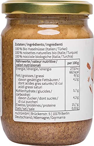 nu3 - Puré de avellanas Bio | 250g en tarro de vidrio | Mantequilla de calidad sin sal, azúcar o aceite adicionales | Delicioso sabor de nueces naturales | Certificado de agricultura controlada