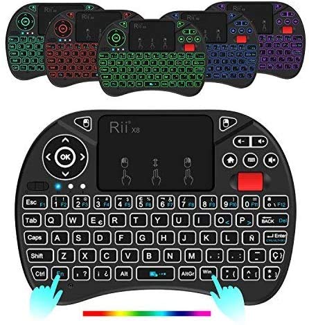 (Nueva versión) 2018 Rii X8 Mini Teclado inalámbrico, Teclado retroiluminado con Pantalla táctil 2.4GHz y Rueda de Scroll, Dispone de 8 Cambios de Color