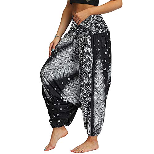 Nuofengkudu Mujer Pantalones Hippies Estampados Baggy Comodos Ligeros Cintura Alta Indios Yoga Pants Casual Playa Fiesta Verano (Negro Patrón B,Talla única