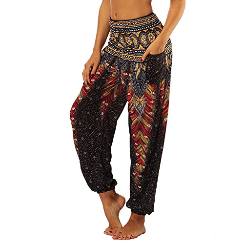 Nuofengkudu Mujer Pantalones Hippies Tailandeses Estampado Verano Cintura Alta Elastica con Bolsillos para Yoga Casual Negro Pavo