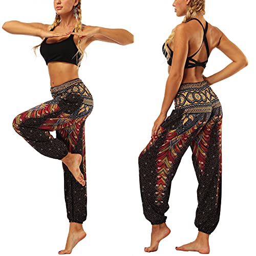 Nuofengkudu Mujer Pantalones Hippies Tailandeses Estampado Verano Cintura Alta Elastica con Bolsillos para Yoga Casual Negro Pavo