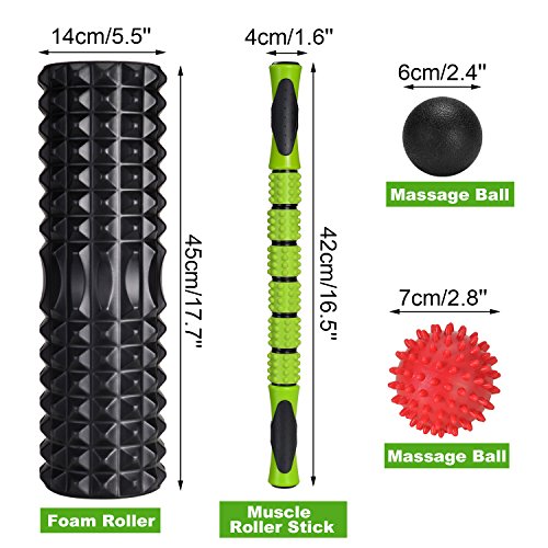 Odoland Foam Roller Kit con Rejilla de Liberación Miofascial, 5-en-1 Kit de Rodillo Masaje Muscular con Rodillos de Espuma, Roller Stick, Bolas Masaje y Spiky Ball