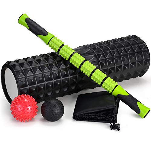 Odoland Foam Roller Kit con Rejilla de Liberación Miofascial, 5-en-1 Kit de Rodillo Masaje Muscular con Rodillos de Espuma, Roller Stick, Bolas Masaje y Spiky Ball