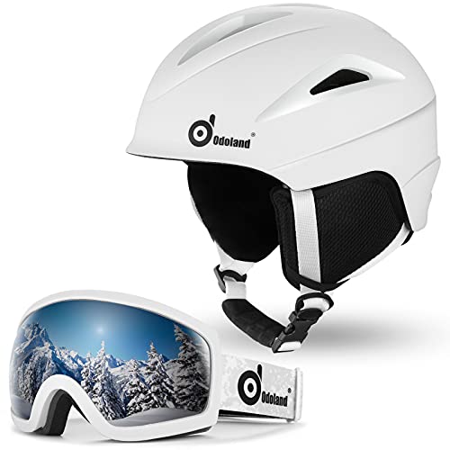 Odoland Kit Casco Esquí con Gafas Esquí, Casco Snowboard con Gafas Esquí para Hombres, Mujeres y Jóvenes, Casco Unisex a Prueba de Golpes y Viento, Set Casco Deportes Invierno, Blanco, S: 54-56 cm