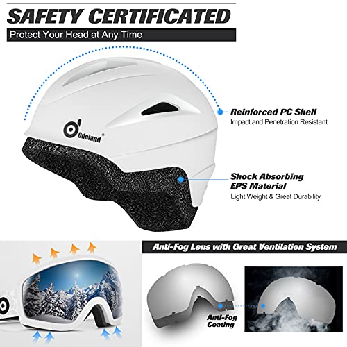 Odoland Kit Casco Esquí con Gafas Esquí, Casco Snowboard con Gafas Esquí para Hombres, Mujeres y Jóvenes, Casco Unisex a Prueba de Golpes y Viento, Set Casco Deportes Invierno, Blanco, S: 54-56 cm