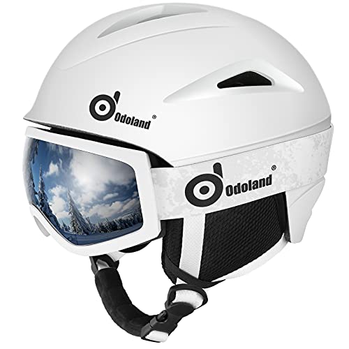 Odoland Kit Casco Esquí con Gafas Esquí, Casco Snowboard con Gafas Esquí para Hombres, Mujeres y Jóvenes, Casco Unisex a Prueba de Golpes y Viento, Set Casco Deportes Invierno, Blanco, S: 54-56 cm