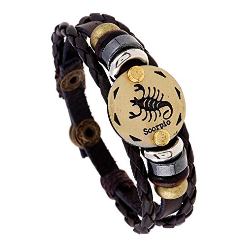 Ogquaton 1 UNIDS Retro Doce Constelaciones Signo del Zodiaco Pulsera Pulsera de Aleación de Cuero Trenzado Pulsera de Charm Pulsera de Múltiples Capas Brazalete Regalos para Hombres Mujeres Escorpio