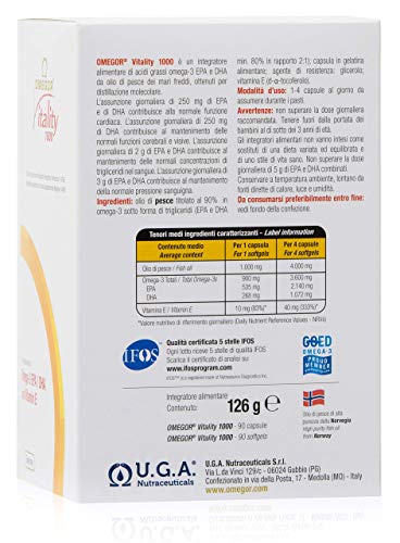 OMEGOR® Vitality 1000: ¡NUEVO con un 90% de Omega-3 TG! 5 * IFOS certificado desde 2006. EPA 535 mg y DHA 268 mg por perla. Min. Estructura 90% de triglicéridos y destilación molecular, 90 cps.