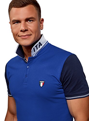 oodji Ultra Hombre Polo de Fútbol Combinado de Tejido Piqué, Azul, ES 44 / XS