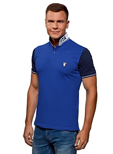 oodji Ultra Hombre Polo de Fútbol Combinado de Tejido Piqué, Azul, ES 44 / XS