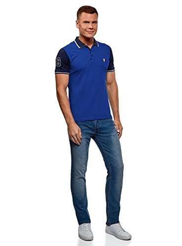 oodji Ultra Hombre Polo de Fútbol Combinado de Tejido Piqué, Azul, ES 44 / XS