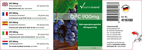 OPC 900 mg – Extracto de Semilla de Uva – 180 cápsulas – Vegano – 95% de OPC – Cápsulas antiedad