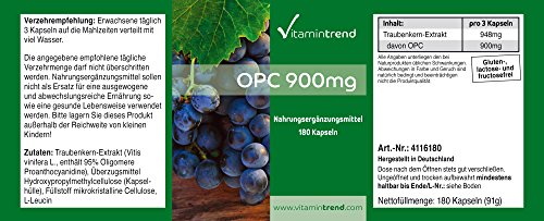 OPC 900 mg – Extracto de Semilla de Uva – 180 cápsulas – Vegano – 95% de OPC – Cápsulas antiedad