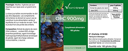 OPC 900 mg – Extracto de Semilla de Uva – 180 cápsulas – Vegano – 95% de OPC – Cápsulas antiedad