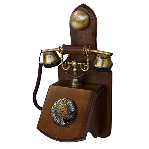 OPIS 1921 Cable - Modelo D - télefono Retro de Pared/telefono Fijo Vintage de Madera y Metal con Disco de marcar y Campana metálica
