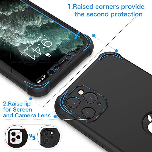 ORETECH Funda Compatible con iPhone 11 Pro MAX,Carcasa para iPhone 11 Pro MAX con 2 x Protector de Pantalla de Vidrio Cristal Templado Silicona Ligera Delgado PC TPU Caso para iPhone 11 Pro MAX Negro