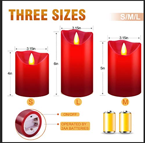 OSHINE - Velas sin Llama, Juego de 3 Pilares de Cera Real sin Goteo con LED de Baile Realistas y Control Remoto de 10 Teclas con Función Temporizador, Rojo