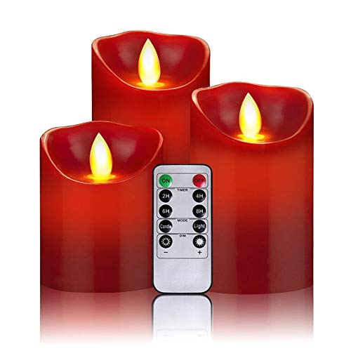 OSHINE - Velas sin Llama, Juego de 3 Pilares de Cera Real sin Goteo con LED de Baile Realistas y Control Remoto de 10 Teclas con Función Temporizador, Rojo