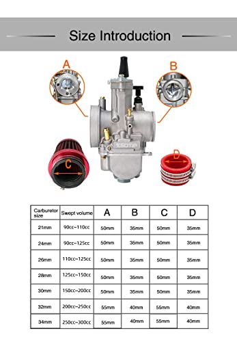 Osig Carburador Motores Motocicleta de Carreras Pwk Carburador + Adaptador + Filtro de Aire Un Juego para 21 24 26 28 30 32 34 mm 4T Stroke 50CC-250CC Moto Motocicleta Carburador (Color : 28mm Red)