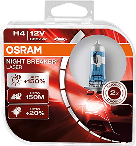 OSRAM NIGHT BREAKER LASER H4, +150% más de luz, lámpara halógena para faros, 64193NL-HCB, coche de 12 V, caja dúo (2 lámparas)