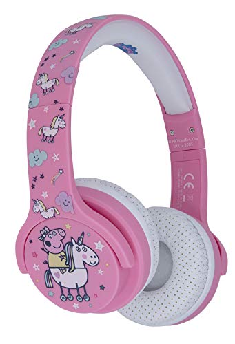 OTL Technologies Auriculares Infantiles con Bluetooth (Banda Acolchada, limitación de Volumen a 85 dB, diseño de Peppa Pig y Peppa, para niños y niñas), Color Rosa y Blanco