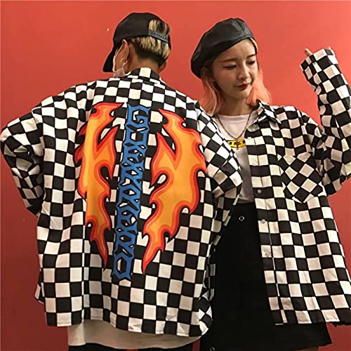 Otoño Harajuku Camisa de la Moda de Las Mujeres con la Carta de Moda imprimió Las Camisas Unisex Sueltas Retro Casual Plaid Streetwear Hip Hop Womens Coat