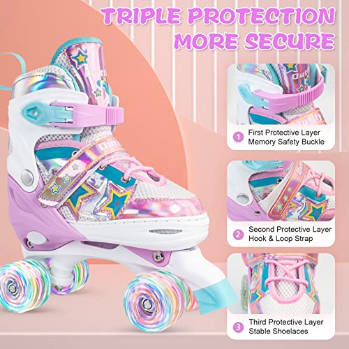 Outify Patines ajustables para niños y jóvenes, con ruedas luminosas, patines de quad cómodos y transpirables para niñas principiantes.