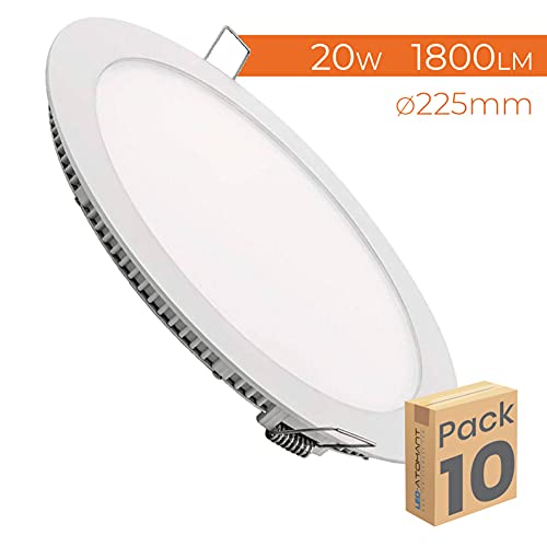 Pack 10x Panel Downlight LED redondo plano, 20W. Color Blanco Neutro (4500K). 1800 Lumenes. Driver incluido.