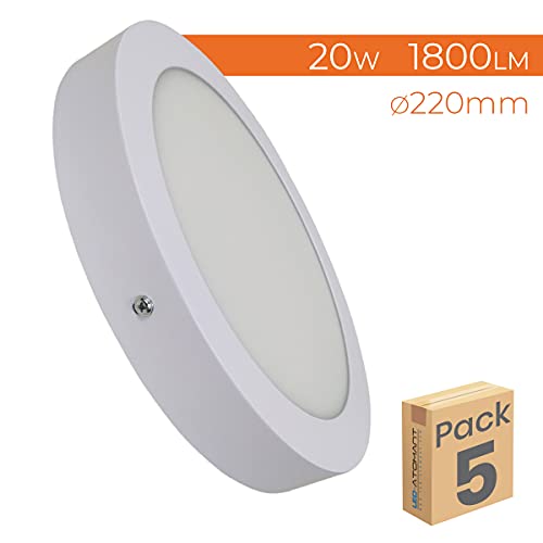 Pack 5x Plafón LED Circular de Superficie. 20w. Color Blanco Calido (3000K). 1800 lumenes. Driver incluido.