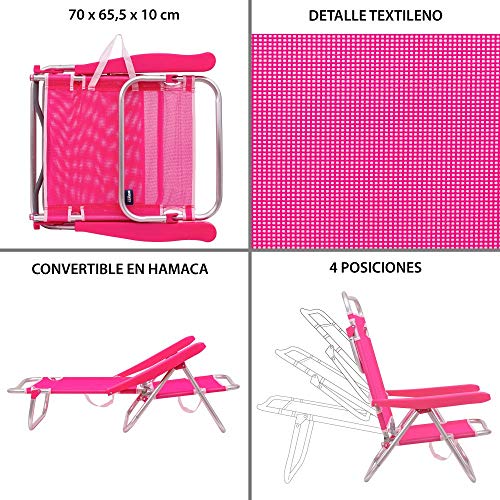 Pack de 2 sillas de Playa Convertibles en Cama de Aluminio y textileno (Rosa)