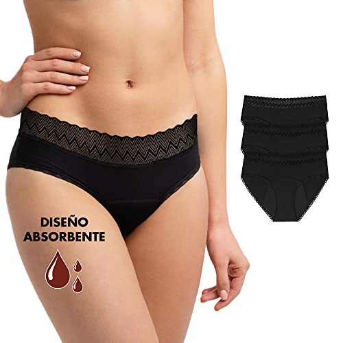 Pack de 3 Bragas Menstruales Negras Ecológicas - Bragas de mujer de protección Absorbente y Lavable - Ropa Interior Mujer Ecológica para el periodo con 4 capas anti pérdidas para la menstruacion