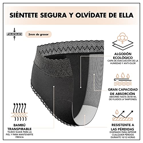 Pack de 3 Bragas Menstruales Negras Ecológicas - Bragas de mujer de protección Absorbente y Lavable - Ropa Interior Mujer Ecológica para el periodo con 4 capas anti pérdidas para la menstruacion