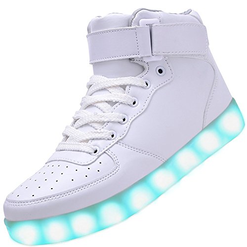 Padgene Unisex Zapatillas LED para Hombre Mujere con Luces (7 Colores) USB Carga Zapatos de Deporte (Blanco, 37EU)