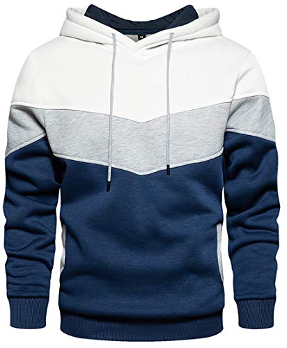 PADOLA Sudadera Hombre con Capucha Empalme Sudadera de Bloque de Color de Manga Larga con Bolsillo de Canguro(M,Blanco)