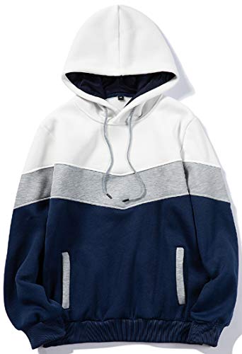 PADOLA Sudadera Hombre con Capucha Empalme Sudadera de Bloque de Color de Manga Larga con Bolsillo de Canguro(M,Blanco)